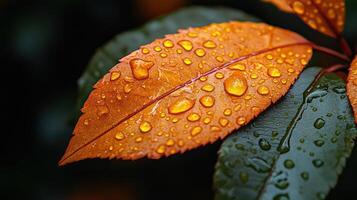 Close-up of leaves with water droplets. deep color photo