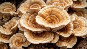 Cluster of brown and white shelf mushrooms. photo