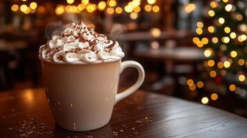 Cozy hot chocolate topped with whipped cream. photo
