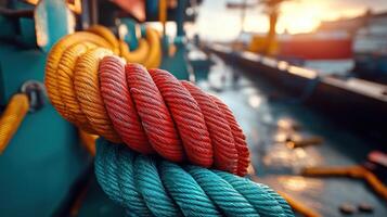 Colorful ropes coiled on a docked ship. photo