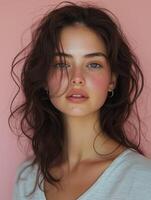 A young Caucasian woman with wavy brown hair and natural makeup, exuding a fresh and delicate beauty against a pink backdrop. photo