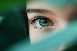 A close-up of a green eye partially obscured by leaves, evoking nature and curiosity. photo