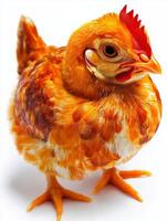 A vibrant, fluffy orange chick with a prominent comb, standing on a white background. photo