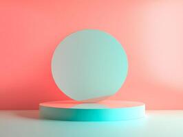 A minimalist display featuring a circular object on a platform against a gradient background. photo
