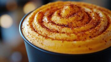 Creamy orange beverage topped with spice. photo