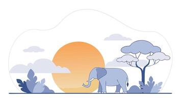 An elephant is standing in the middle of a field with trees and sun vector