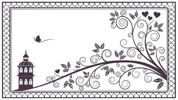 A frame with a clock tower and a tree vector