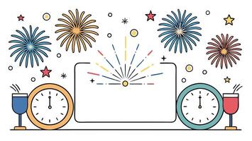 Elegant fireworks and clock border with copy space for New Year greeting flat Set 4 vector