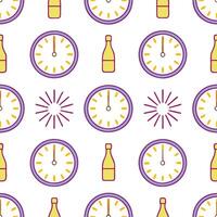 New Year seamless pattern with clocks fireworks and champagne bottles to mark the countdown to the New Year concept as Time themed New Year pattern featuring clocks fireworks and c Seamless Set vector