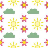 Playful spring sunshine seamless pattern with sun rays clouds and vibrant flowers for energetic fun spring designs concept as Fun spring sunshine pattern with sun rays clouds and v Seamless Set vector