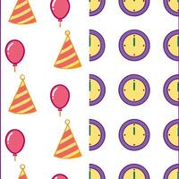 New Year seamless pattern with vibrant balloons party hats and countdown clocks for a high energy fun celebration theme concept as Fun New Year pattern with balloons party hats and Seamless Set vector