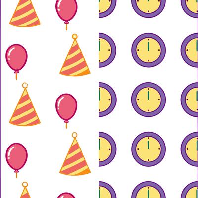 New Year seamless pattern with vibrant balloons party hats and countdown clocks for a high energy fun celebration theme concept as Fun New Year pattern with balloons party hats and Seamless Set