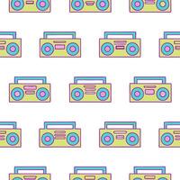 Design a seamless pattern incorporating retro illustrations of cassette tapes and boomboxes in neon colors. concept as Create a repeating pattern with neon colored cassette tapes a Seamless Set vector