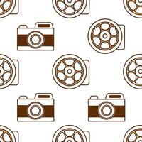 Create a seamless pattern featuring retro illustrations of vintage cameras and film reels in sepia tones. concept as Develop a repeating pattern with sepia toned vintage cameras an Seamless Set vector