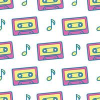 Design a seamless pattern combining retro cassette tapes and musical notes in neon colors for an 80s music vibe. concept as Create a repeating pattern featuring cassette tapes and Seamless Set vector