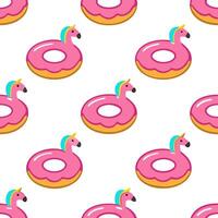Fun inflatable pool float seamless tile pattern with flamingos unicorns and donut shapes concept as Inflatable pool floats in fun shapes like flamingos unicorns and donuts create a Seamless Set vector