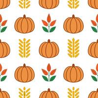 Warm autumn harvest seamless tile pattern with pumpkins cornstalks and colorful leaves concept as Pumpkins cornstalks and colorful leaves in warm tones create a warm autumn harvest Seamless Set vector