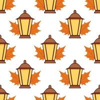 Cozy autumn lanterns seamless tile pattern with warm lights and fall foliage concept as Warm lit autumn lanterns and fall foliage create a cozy seamless tile pattern perfect for fa Seamless Set vector