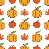 Warm autumn harvest seamless tile pattern with pumpkins apples and colorful leaves concept as Pumpkins apples and colorful leaves in warm tones create a warm autumn harvest seamles Seamless Set 3 vector