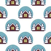 Cozy winter cabin seamless tile pattern with snow covered trees and warm lights concept as Snow covered trees and warm lights on a cozy winter cabin create a seamless tile pattern Seamless Set vector