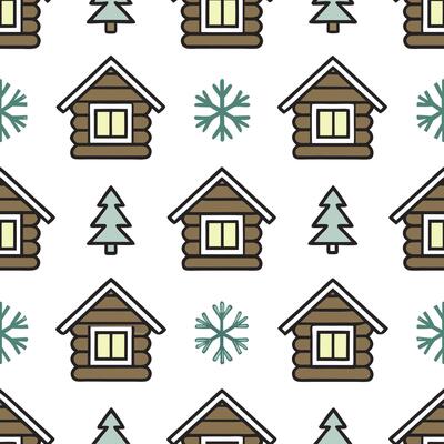 Snowflake and winter cabin seamless tile pattern with cozy forest elements and snowy accents concept as Cozy winter cabins paired with snowflakes create a seamless tile pattern wit Seamless Set