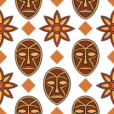 African tribal masks and geometric patterns seamless tile pattern with earthy tones concept as Earthy tones highlight African tribal masks intertwined with geometric patterns in se Seamless Set