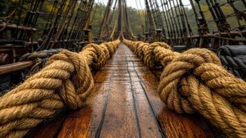 Close-up view of ship ropes on a wooden deck. photo