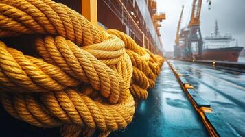 Dockside scene with ropes and shipping cranes. photo