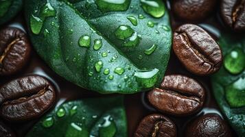 Coffee beans and leaves with water droplets. top view photo