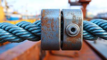 Close-up of rusted metal hardware and rope. photo