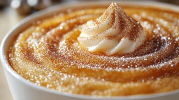 Creamy dessert topped with whipped cream and spice. photo