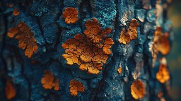 Close-up of textured tree bark with orange lichen. photo