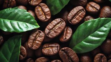 Coffee beans surrounded by green leaves. closeup shot photo