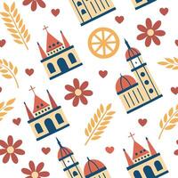 Charming local landmarks and traditional symbols seamless tile pattern with vibrant colors concept as Vibrant colors highlight charming local landmarks and traditional symbols in s Seamless Set vector