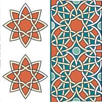 Intricate Islamic geometric patterns and arabesques seamless tile pattern with vibrant colors concept as Vibrant colors highlight intricate Islamic geometric patterns intertwined w Seamless Set vector
