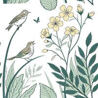 Vintage botanical seamless pattern with soft greens and yellows for a spring vibe concept as Gentle botanical elements including flowers and leaves in soft green and yellow tones p Seamless Set vector
