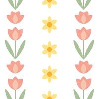 Soft pastel spring seamless tile pattern with small daffodils and tulips for cheerful decor concept as Cheerful spring daffodils and tulips arranged in soft pastel tones to create Seamless Set vector