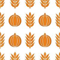 Harvest autumn leaves seamless tile pattern with wheat stalks and pumpkins for farmhouse inspired decor concept as Wheat stalks and pumpkins arranged seamlessly with autumn leaves Seamless Set 2 vector