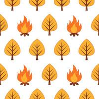 Autumn warmth seamless tile pattern with bonfires and autumn trees for cozy outdoor spaces concept as Bonfires and autumn trees arranged seamlessly to create cozy and warm outdoor Seamless Set vector