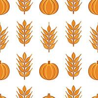 Autumn warmth seamless tile pattern with harvest wheat and pumpkins for traditional fall decor concept as Harvest wheat and pumpkins arranged seamlessly with autumn leaves to creat Seamless Set vector
