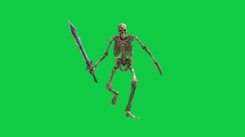 Skeleton running with holding a sword front view 3d animation loop isolated on green screen background video
