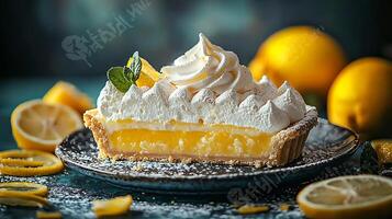 A slice of lemon meringue pie with a light dusting of powdered sugar, close up view. photo