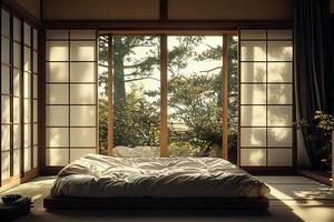 A bed in a room with a window photo