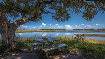 Peaceful Picnic by the River Under a Majestic Oak Tree. A tranquil scene perfect for relaxation and enjoying nature's beauty. photo