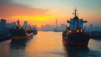 Cargo Ships at Sunset in a Modern City Harbor. A stunning image capturing the silhouette of cargo vessels against a vibrant sunset backdrop. photo