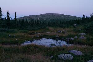 Serene Twilight Landscape Mountain, Forest, and Still Pond. A tranquil scene of a mountain reflected in a still pond at dusk. photo