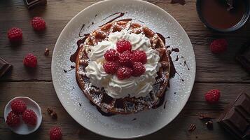 Delicious Waffle with Whipped Cream, Raspberries, and Chocolate Drizzle. photo