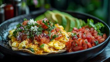 Delicious Scrambled Eggs with Pico de Gallo and Avocado on a Tortilla. photo