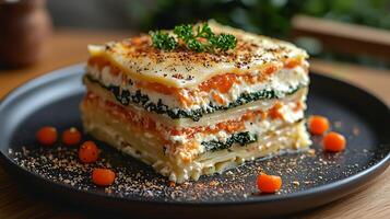 Delicious Layers of Creamy Pumpkin and Spinach Lasagna. photo