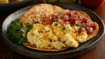 Delicious Scrambled Eggs with Cheese, Pico de Gallo, and Tortillas. photo